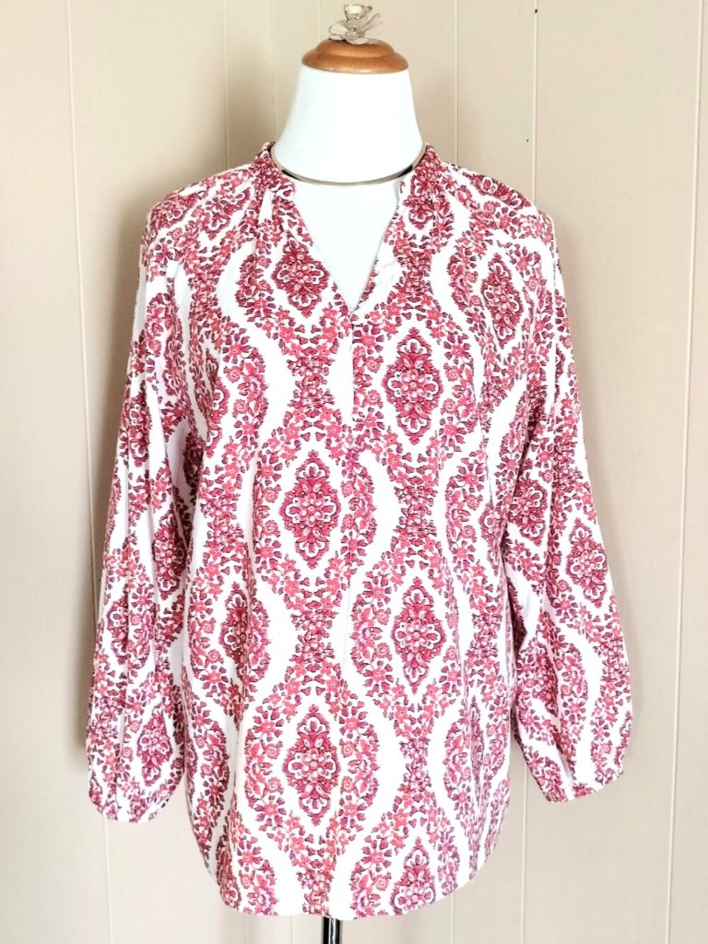 Belle Kim Gravel Floral Ikat Blouson Sleeve Blouse L Terra Cotta Pullover Woven